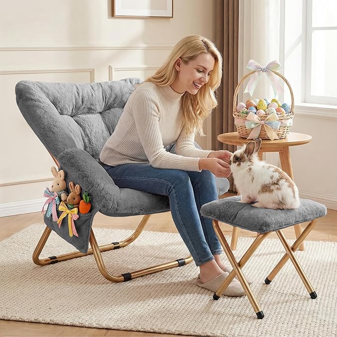 Kasunpul Comfy Saucer Chair, Foldable Living Room Chairs, Soft Faux Fur Lounge Chair for Bedroom, Reading Chairs for Adults, Teens, X-Large (Grey)