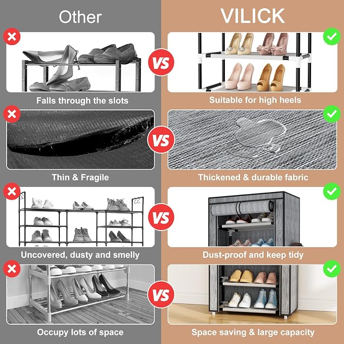 VILICK Shoe Rack with Cover Narrow Shoe Rack Organizer with 4 Side Pockets 10 Tier Tall Shoe Storage Shoe Shelf Holds 18-22 Pairs Shoes and Boots Shoe Rack for Closet, Printing - Image 5