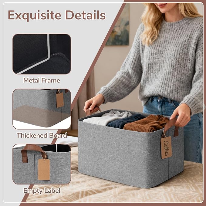CHICVITA 4 Pack Large Storage Baskets for Shelves, Foldable Storage Bins for Clothes Towels Organization, Toy Organizer Bins for Nursery, Living Room, 16.8" x 11" x 9.8", Gray - Image 5