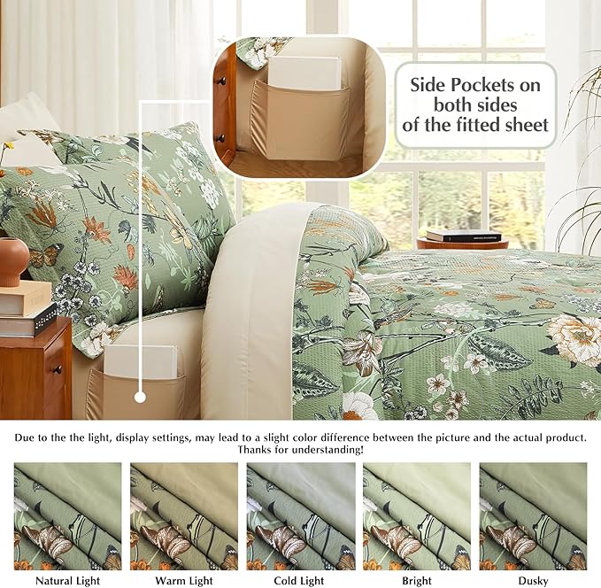 CASAAGUSTO Twin Comforter Set - 5 Pieces Green Floral Bedding Sets, Twin Bed in a Bag with Botanical Butterfly Comforter, Sheets, Pillowcases & Shams for All Seasons