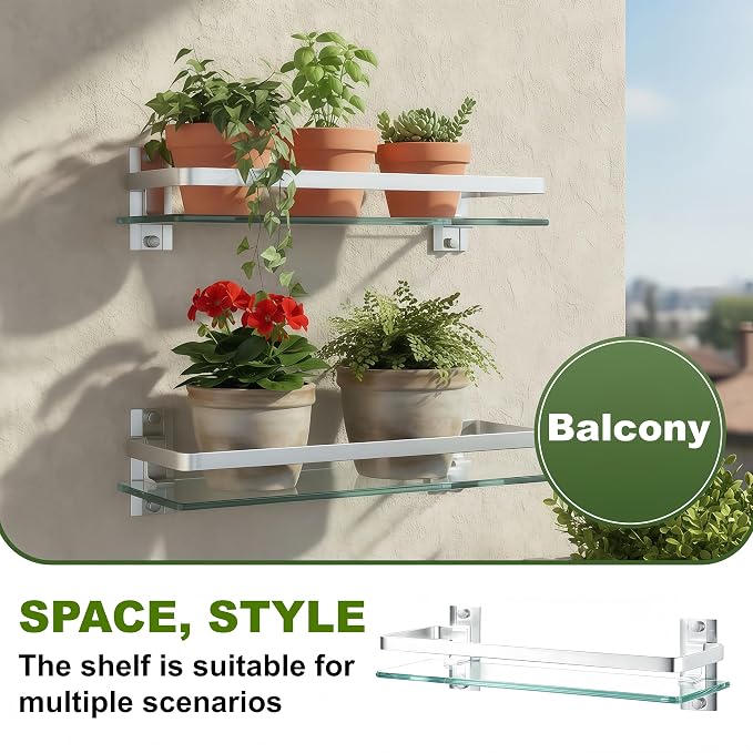 AIJALY 2 Pack Bathroom Glass Shelf,15.7 Inches Silver Bathroom Shower Glass Shelf Wall-Mounted, Metal Storage Floating Kitchen Shelf - Image 7