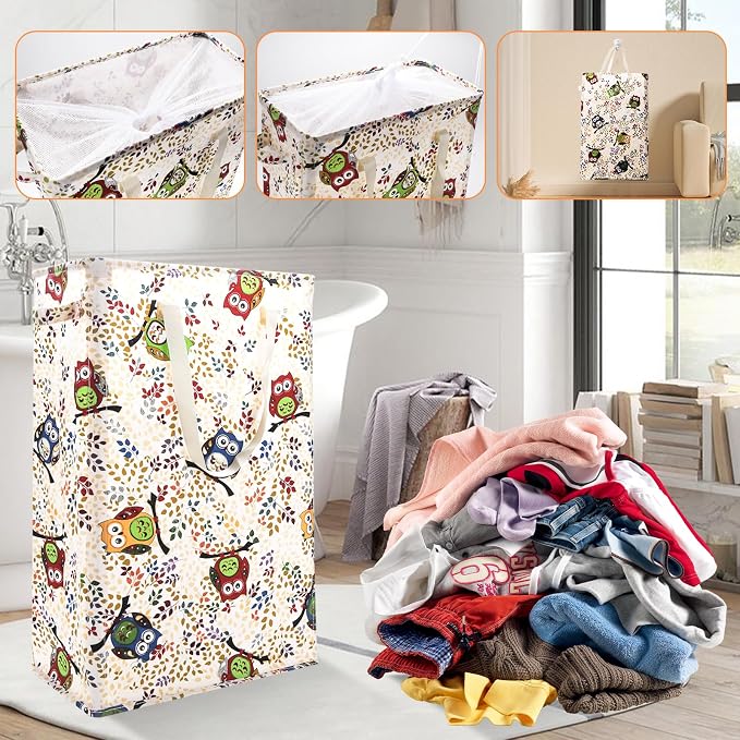Odonata Slim Laundry Hamper Handles Collapsible Laundry Basket Thin Dirty Clothes Basket Narrow Laundry Bag Foldable Dirty Hamper 48L (Owl) - Image 7