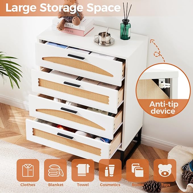 Mericonia 4 Drawer Rattan Dresser for Bedroom, Wood Tall Dresser for Closet with Metal Handles, Boho Nightstand Sets, Dressers & Chests of Drawers for Bedroom, Hallway and Entryway, White