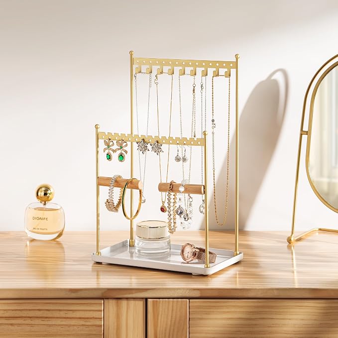 3 Tier Gold Jewelry Stand, Necklace Organizer, Earring Holder with 44 Holes and 9 Hooks, for Necklaces, Bracelets, Rings - Image 2