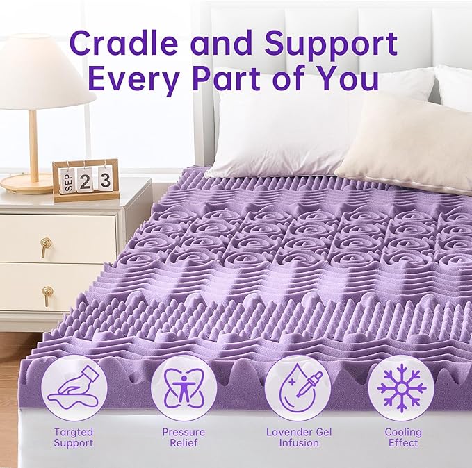 MUXHOMO 2 Inch 7-Zone Twin Mattress Topper, Egg Crate Memory Foam Mattress Topper Twin Size for Back Pain, Lavender Cooling Gel Infused Bed Pad, CertiPUR-US and Oeko-TEX Certification (38"×75")