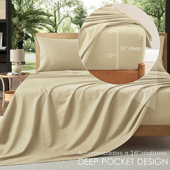 4Pcs Linen Sheets Full Size, 100% French Linen from Normandy, Breathable Linen Yellow Full Sheet Set with 16 Inch Deep Pocket, 1 Flat Sheet, 1 Fitted Sheet, 2 Pillowcases