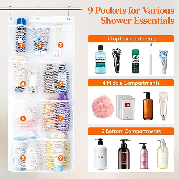 Lifewit Cruise Essentials Shower Caddy Must-Have, 9 Pockets Hanging Bathroom Organizer with Quick-Dry Mesh, Portable Shower Bag to Storage Soap, Shampoo, for RVing, Travel, Camping, White, 1 Pack - Image 3