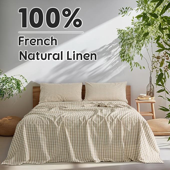 SONORO KATE 100% French Pure Linen Sheets, Breathable and Durable Linen King Size Sheets, Anti-Tear Bed Sheets, Machine Washable, 16 Inch Deep Pocket - 4 Piece (Linen & White Plaid)