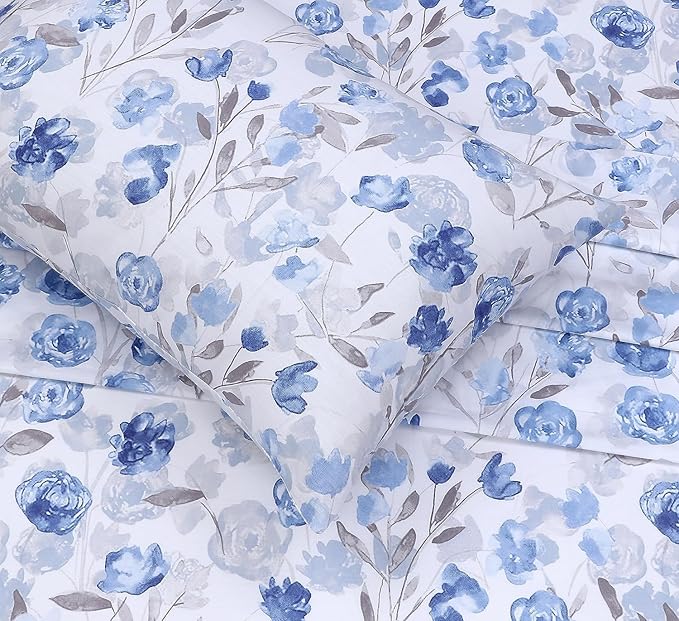 RUVANTI 100% Cotton Sheets – California King Percale Bedding, Cooling & Breathable Floral Design, Durable with a Crisp, Soft & Comfortable Feel, 14" Deep Pocket, 4-Piece Set, Monotones