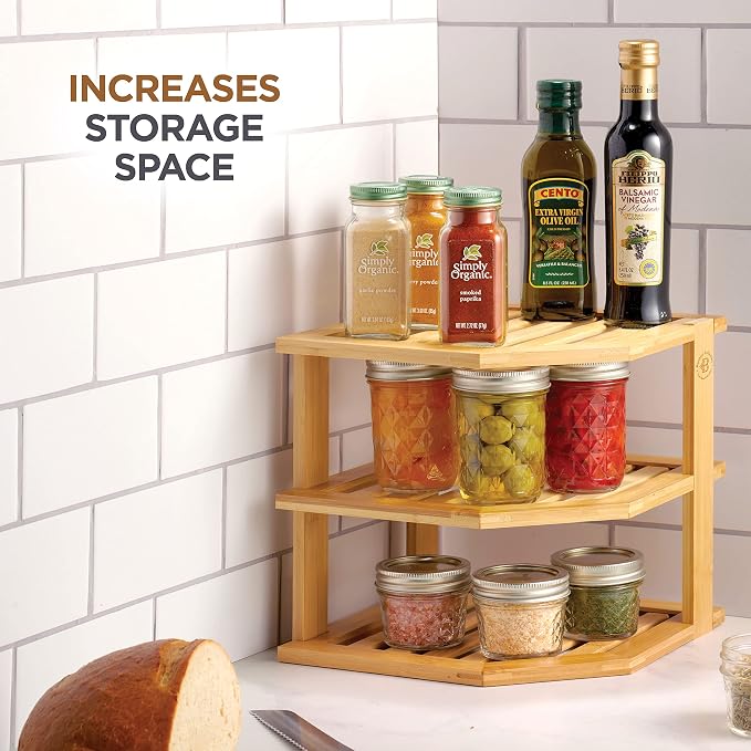 Plate Organizer for Cabinet - 3 Tier Bamboo Corner Shelf Cabinet Organizer for Plates, Bowls, Mugs and Pantry Storage, Space Saving Countertop and Cabinet Corner Shelf, 10 x 10 x 9.5 Inch, Bambusi - Image 5