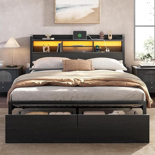 Furnulem Queen Bed Frame with Wood Headboard and Storage Shelf, Metal Platform Bed Frame Queen Size with Storage Drawers, LED Lights and Charging Station, No Box Spring Needed, Noise Free, Black