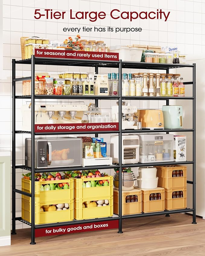Sakugi Storage Shelves - 5-Tier Heavy Duty Garage Shelving Units with Leveling Feet & Wall Anchor, Large-Capacity Metal Shelf for Garage, Pantry, Kitchen, 59.1" x 15.7" x 69.2", Black - Image 4