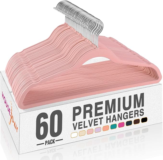 HOUSE DAY Lt Pink Velvet Hangers 60 Pack, Non Slip Clothes Felt Hanger Heavy Duty for Coat, Premium Slim Space Saving Suit Hangers for Closet Organizer, 360° Rotating Silver Hook by HOUSEDAY
