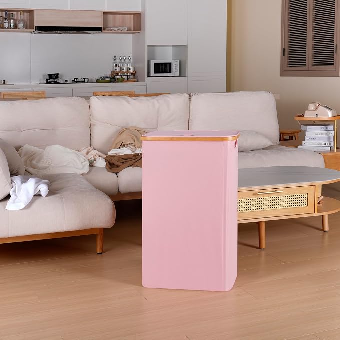 iEGrow 75L Slim Laundry Hamper, Narrow Laundry Basket with Lid,Foldable Clothes Hamper with Bamboo Handles,Hamper Basket with Removable Inner Bag for Laundry Room Bedroom College Dorm,19.8 Gals Pink - Image 6