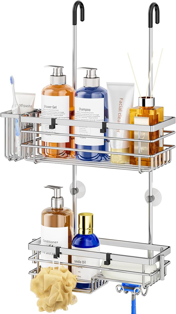 HapiRm Hanging Shower Caddy Organizer - No Drilling Shower Shelves with Hooks and Toothbrush Holder, Rustproof 304 Stainless Steel Bathroom Organizer - Silver by HapiRm