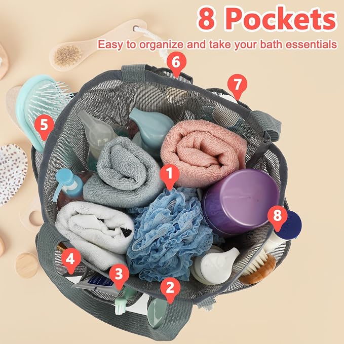Fammart Mesh Shower Caddy Portable for College Dorm Room Essentials, 8-Pocket Large Shower Basket Tote Bag with 2 Handles for Toiletry, Bathroom, Beach, Camp, Gym - Image 4