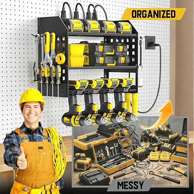SPACECARE Power Tool Organizer with Charging Station 6 Outlets, 3-Layer Heavy Duty Wall Mount Drill Storage Rack, Cordless Tool with Utility Shelf, Garage Organization and Storage for Workshop- Black - Image 5