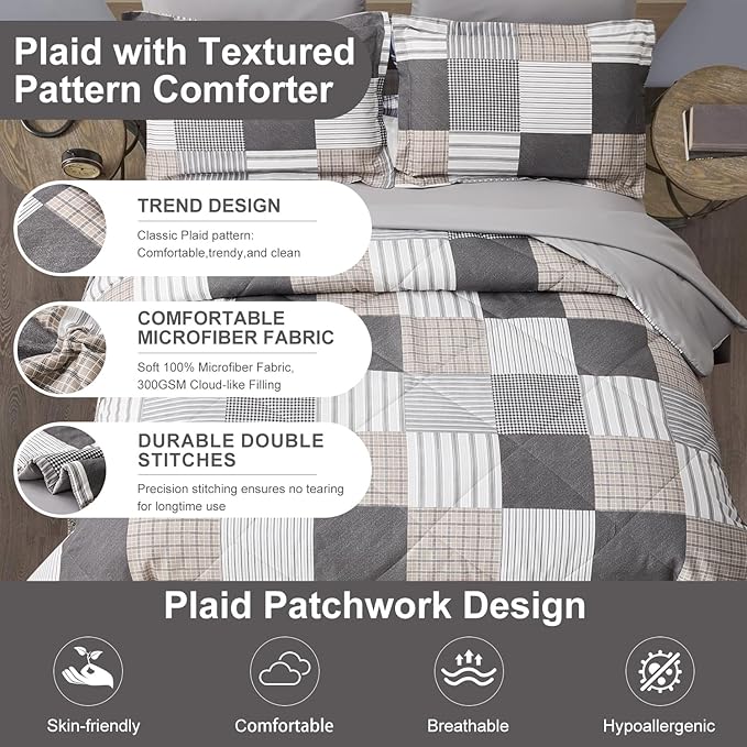 Comforter Set Queen Size Plaid Patchwork Comforter Bedding-7 Piece Bed in a Bag,Soft Fluffy Reversible Microfiber Bedding Set(1 Comforter,1 Flat Sheet,1 Fitted Sheet,2 Pillowcases,2 Pillow Shams),Grey