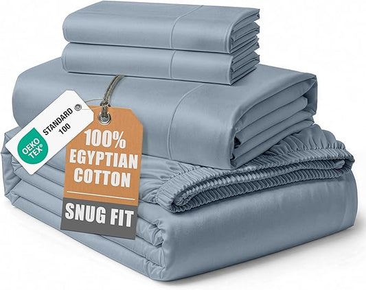LANE LINEN Ultra Soft California King Sheets Set,100% Egyptian Cotton Mercerized Fully Elasticized with French Seam on Fitted Hotel Like Thick Luxury Cal King Bed Sheets- French Blue