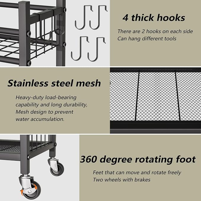 Garden Tool Organizer with Wheels for Garage and Shed, Spacious Tool Storage, Multi-Tier Design with Side Hooks for Rakes, Shovels, Brooms, and Yard Tools Rolling Cart - Image 3