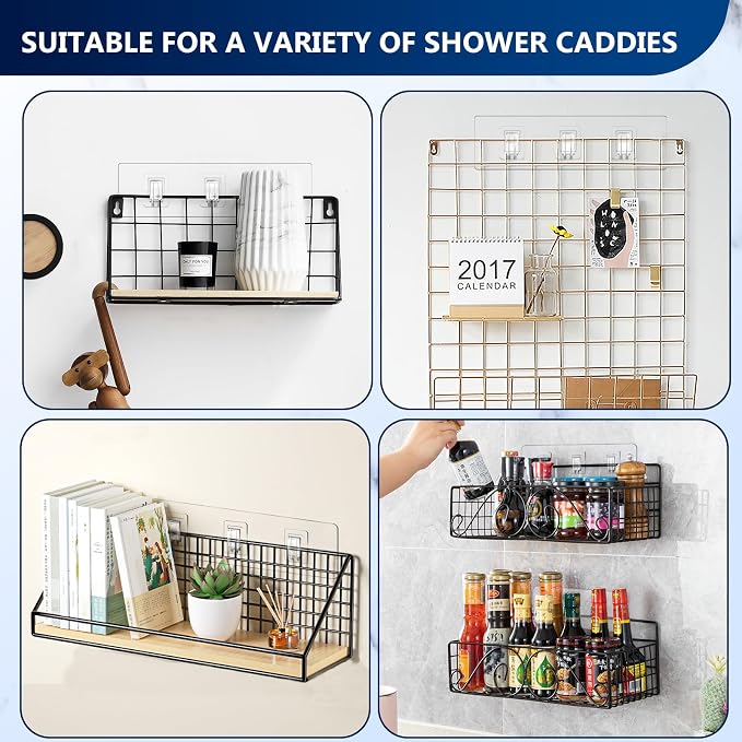 Shower Caddy Adhesive Replacement Hooks, Strong Waterproof Strips, No Drilling for Bathroom Shelves, Kitchen Racks, and Soap Holders (Transparent-4 Pack 3 Hook) - Image 8
