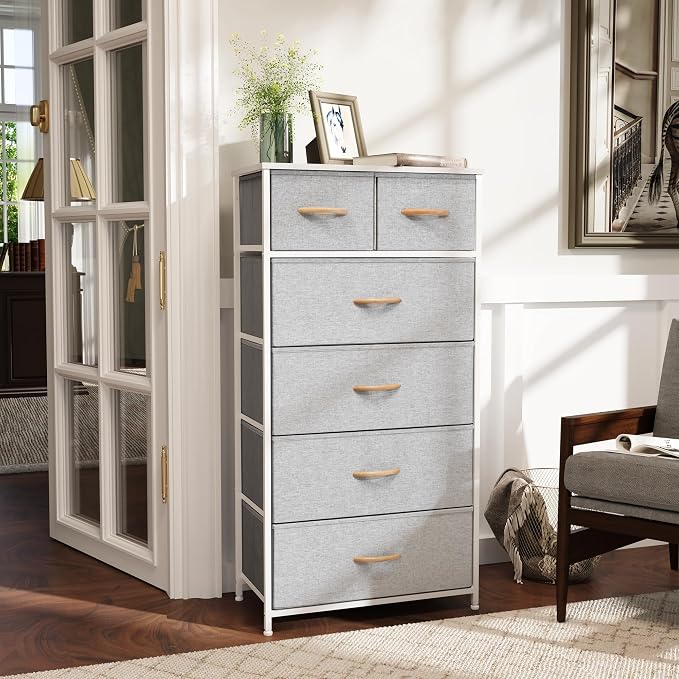 Fabric Dresser for Bedroom, Tall Skinny Dresser with 6 Drawers, Storage Organizer Tower, Steel Frame Wooden Top for Closet, Living Room, Hallway(Light Gray) - Image 2