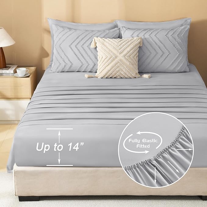 Litanika Light Grey California King Size Comforter Set with Sheets - 7 Pieces Bed in a Bag California King Boho Tufted Complete Bedding Sets with Comforter, Sheets, Pillowcases & Shams