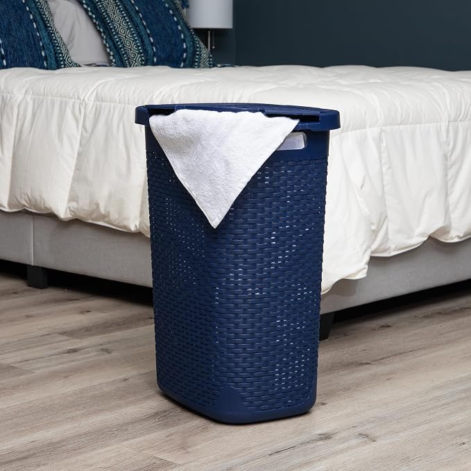 Mind Reader Slim Laundry Hamper with Lid, 60L Tall Clothes Basket, Narrow Tapered Design for Bathrooms, Closets and Laundry Rooms, Plastic, Navy - Image 2