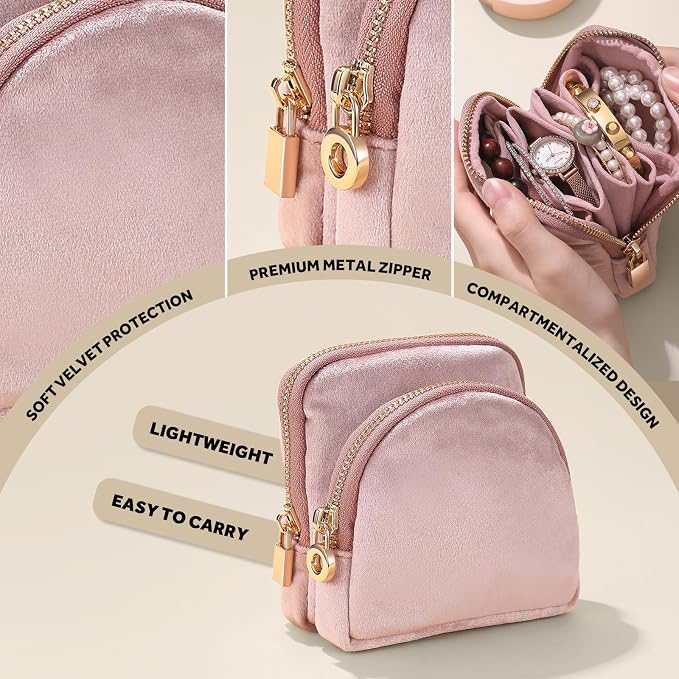Small Travel Jewelry Case Set 2-in-1 Detachable Velvet Pouches, Portable Jewelry Organizer Bag for Rings Earrings Bracelets, Gift Box for Women (Blush Pink) - Image 4