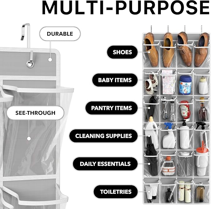 Simple Houseware 24 Pockets Large Clear Pockets Over The Door Hanging Shoe Organizer, Gray (56" x 22.5") - Image 4