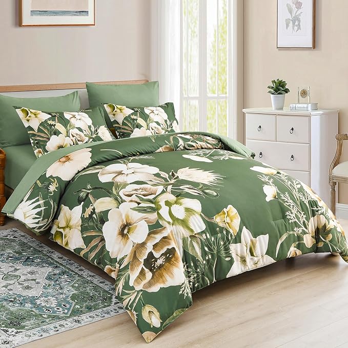 Luxudecor Floral Comforter Set King Size 7 Piece, Olive Green Flower Bed in a Bag, Elegant Comforter Bedding Set for All Season (Olive Green, 104"x90")