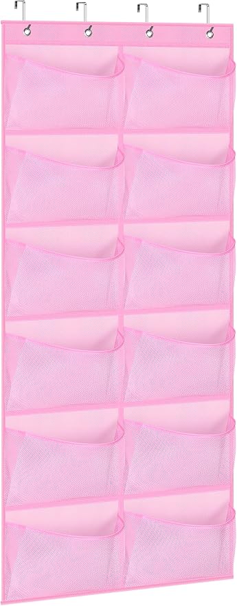 KIMBORA 12 Large Mesh Pockets Over the Door Shoe Organizer for Closet Hanging Shoe Rack for Door Sneaker Hanger Boot Storage for Kids, Baby, Toddler, Girl, Pink by KIMBORA