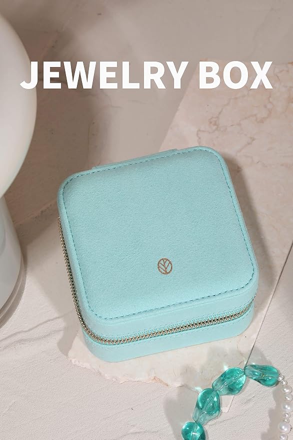 S.Leaf Travel Jewelry Organizer Boxes for Women Small Portable Necklace Earrings Bracelet Rings Travel Case Best Friend Birthday Gifts for Women Trendy (07_Suede_Touch_Mint_Green) - Image 2