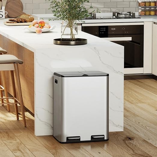 PayLessHere Trash Can, 16 Gallon (2x8G) 60 Liter Rectangular Trash Cans Stainless Steel Step Trash Can with Inner Buckets and Hinged Lids, Suitable for Kitchen Office Home Use,Silver - Image 2