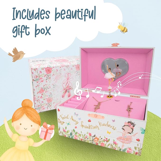 The Memory Building Co Ballerina Musical Jewelry Box Plays Classic Melody, Storage Organizer Music Box for Kids Ages 6-12, MDF Wood w/ 2 Fabric Lined Ring Bracelet Necklace Treasure Compartments - Image 7