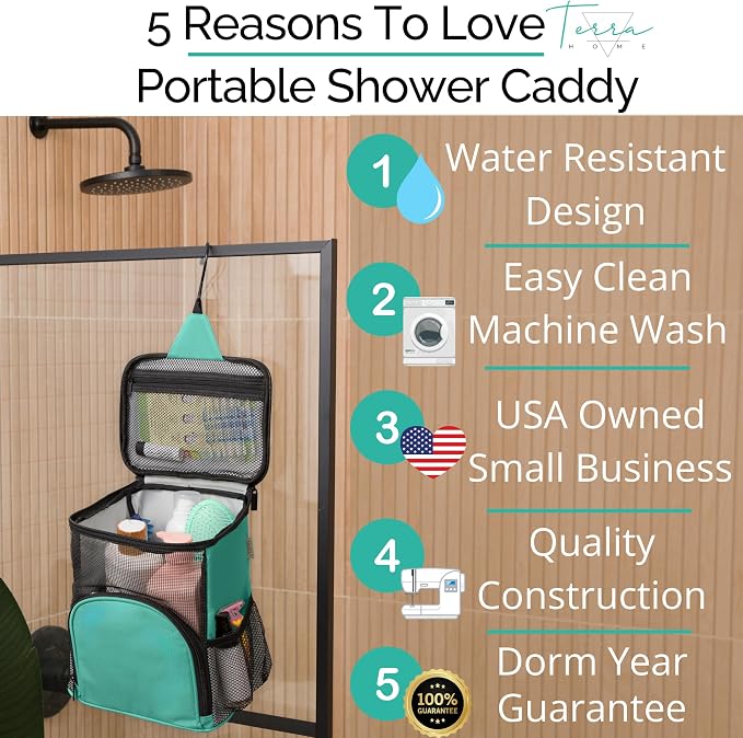 Original Shower Caddy For College Dorms- Travel Shower Caddy - Dorm Organizer Bag - Large Capacity, Quick Dry and Water Resistant with Metal Hook - Portable and Foldable Bag for Gym and Travel (Aqua) - Image 2