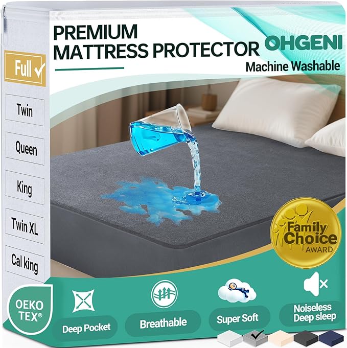 OhGeni 100% Waterproof Mattress Protector, Full Grey Size, Fitted Sheet with Deep Pockets, 6''-18'', Premium Noiseless Breathable Soft Material, Mattresses Cover for Bed