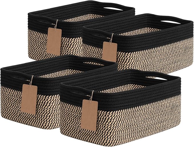 Goodpick 4 Pack Storage Baskets for Shelves, Rectangle Wicker Storage Bins for Baby Shower Toys, Decorative Organizer Shelf Baskets for Gifts Empty, 13''L x 8''W x 6''H, Black & Jute by Goodpick