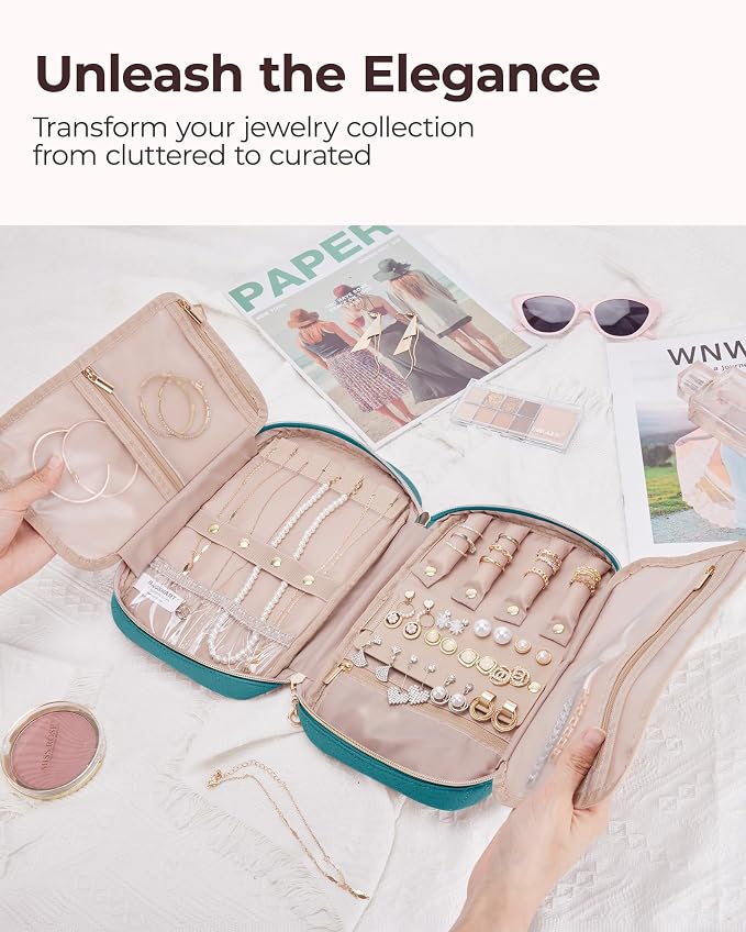 BAGSMART Travel Jewelry Case, Jewelry Organizer for Women Zipper Rings Holder Storage Pouch for Rolls Necklaces,Stud Earrings,Bracelets,Teal - Image 3