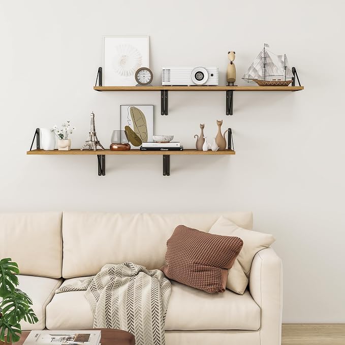 Heimlove Deep Floating Shelves for Wall, 12 Inch Deep Floating Shelves Set of 3, 16W x 12D Wood Wall Shelves, Wide Wood Shelves with Metal Bracket for Living Room, Kitchen, Office, Bedroom - Oak - Image 7