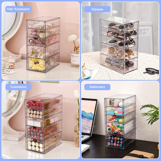 FABROK Clear Hair Accessory Organizer Box with 5 Drawers, Compact Storage Organization Drawers Set for Cosmetics, Glasses, Stationery, Stackable Storage Containers Box for Bathroom, Closet, Office - Image 6