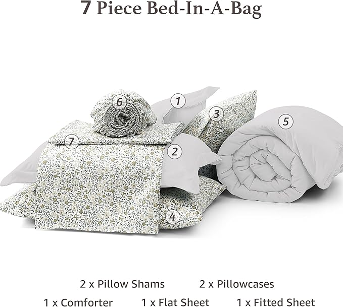 Monbix Queen Comforter Set - 7 Pieces White Prewashed Bed in a Bag Queen Bedding Sets with Comforters, All Seasons Ultra Soft Comforter Bed Set with Sheets, Pillowcases & Shams