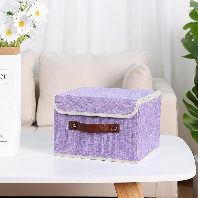 ANMINY Storage Bin with Lid Storage Boxes with PU Leather Handles PP Plastic Board Decorative Foldable Lidded Cotton Linen Fabric Home Cubes Baskets Closet Organizer Container - Purple, Small Size - Image 9