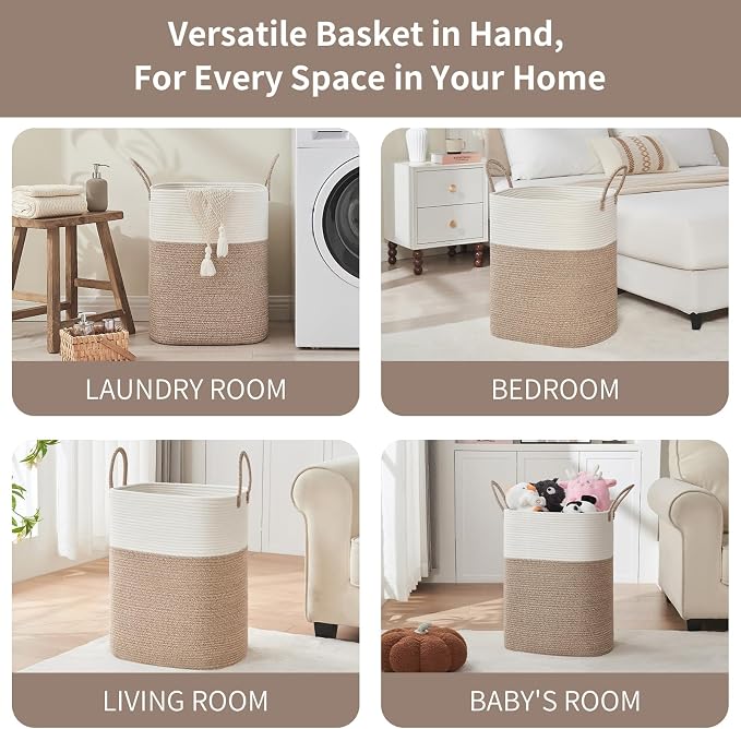 AINUOQI Laundry Basket with Handles - Blanket Basket & Hampers for Bedroom Aesthetic, Laundry Hamper & Blanket Storage for Living Room, Clothes Hamper, Tall, Large 17" x 14" x 26”, White & Rice Brown - Image 4
