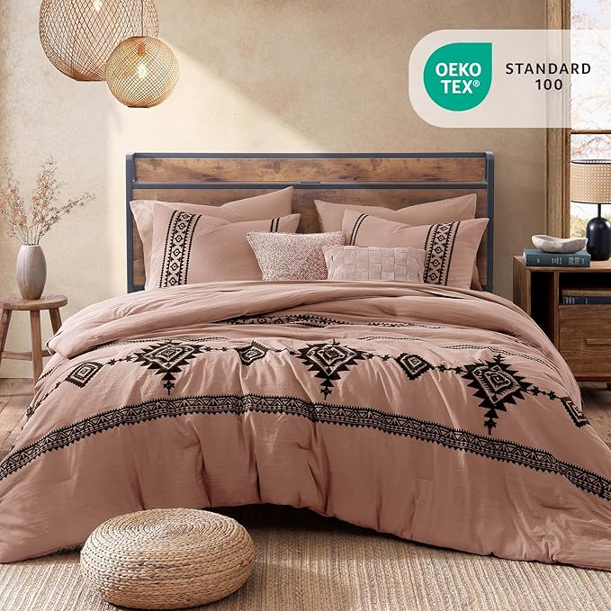 MaiRêve Embroidery Comforter Set, Boho Farmhouse Western Bedding Set, All Season Bed in A Bag Comforter Set with Sheets, Pillowcases & Shams, Dusty Pink Queen 7 Pieces