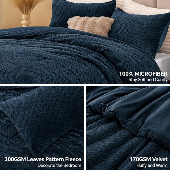 Flannel Fleece Twin Comforter Set - Furry Navy Blue Leaves Pattern Faux Fur Bed Set, Winter Ultra Soft Fuzzy Comfort Set, Velvet Bedding Set for Bed with 1 Pillow case