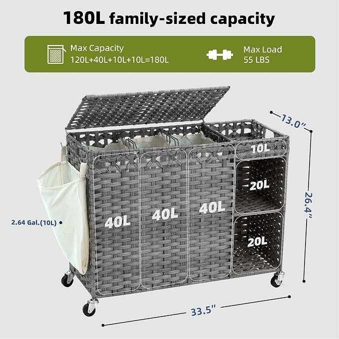 Laundry Hamper with Lid, 160L Rattan Wicker Laundry Basket with Wheels, Handwoven Laundry Hamper 3-Section with Storage shelf(42.3 Gal), Laundry Sorter Basket with Removable Liner, GreyHLH033G - Image 3