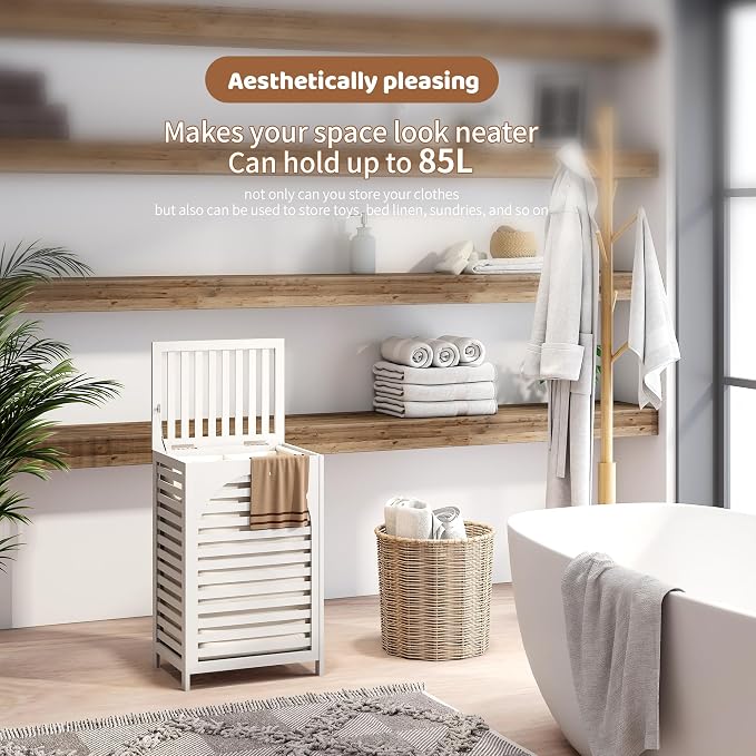FILWH Laundry Hamper with Lid (16.9 * 13 * 26.5inches) Large Bamboo Laundry Bin Basket 85L Clothes Hamper with 1 Removable Bag Storage baskets for Bathroom (White) - Image 6