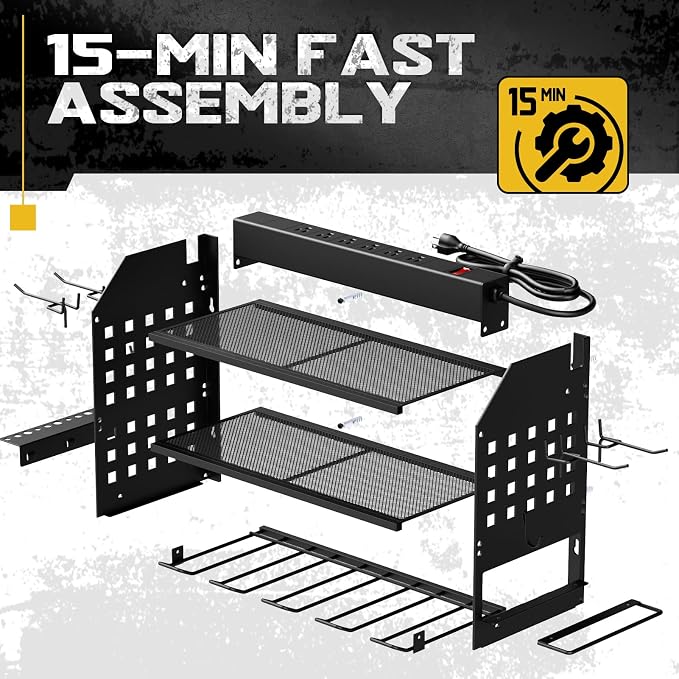 SPACECARE Power Tool Organizer with Charging Station 6 Outlets, 3-Layer Heavy Duty Wall Mount Drill Storage Rack, Cordless Tool with Utility Shelf, Garage Organization and Storage for Workshop- Black - Image 8