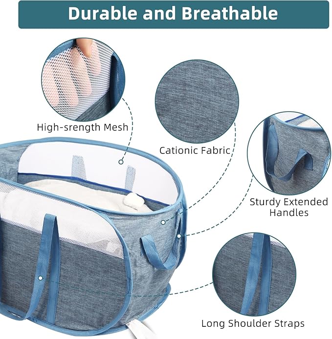 2 Pcs Collapsible Laundry Baskets, Tear Proof Pop Up Laundry Hamper with Dual Handles, Durable Foldable Laundry Basket, Easy to Carry Laundry Hamper for Home, Laundry Room, Bedroom, Dorm, Travel Blue - Image 4